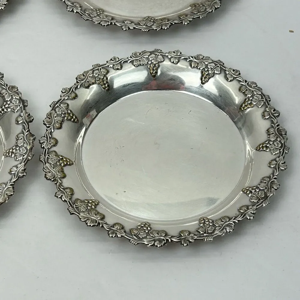 Silver Plated Beverage Coaster Set Of 4 Grapes Ornate Decor Drinks Trinket Bar
